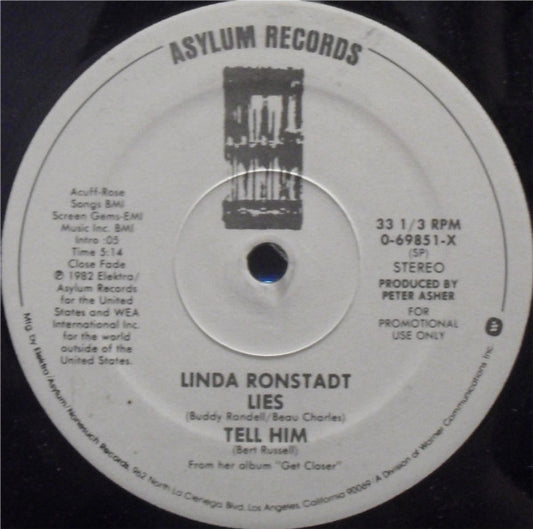 Linda Ronstadt : Lies / Tell Him (12", Promo)