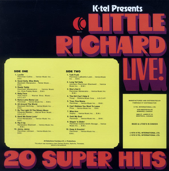 Little Richard : K-tel Presents Little Richard Live! 20 Super Hits (LP, Album)