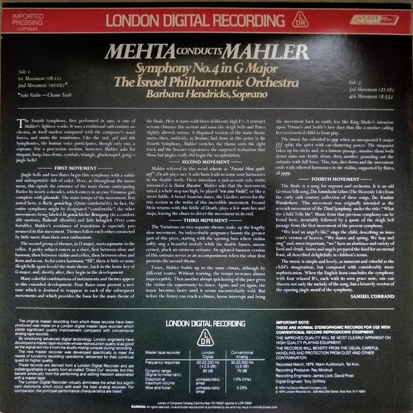 Mehta* Conducts Mahler* - The Israel Philharmonic Orchestra*, Barbara Hendricks : Symphony No. 4 In G Major (LP, Album, Dig)
