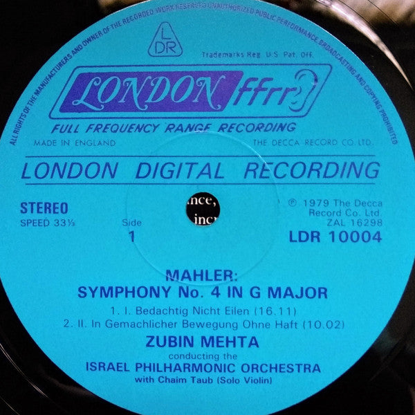 Mehta* Conducts Mahler* - The Israel Philharmonic Orchestra*, Barbara Hendricks : Symphony No. 4 In G Major (LP, Album, Dig)