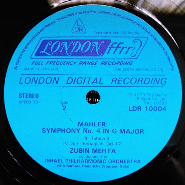 Mehta* Conducts Mahler* - The Israel Philharmonic Orchestra*, Barbara Hendricks : Symphony No. 4 In G Major (LP, Album, Dig)