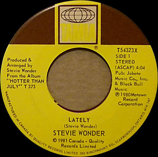 Stevie Wonder : Lately (7", Single)