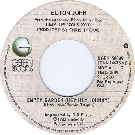 Elton John : Empty Garden (Hey Hey Johnny) / Take Me Down To The Ocean (7", Single)