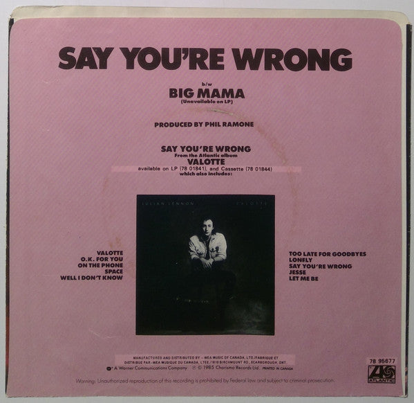 Julian Lennon : Say You're Wrong (7", Single)