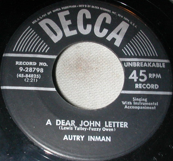 Autry Inman : A Dear John Letter /  Brown Eyed Baby (7")
