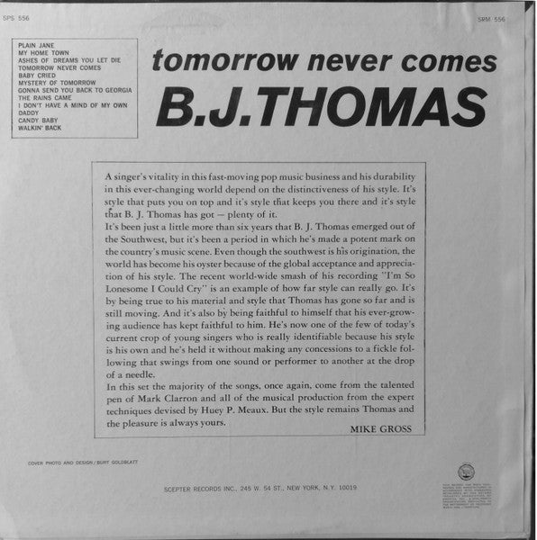 B.J. Thomas : Tomorrow Never Comes (LP, Album, Mono)