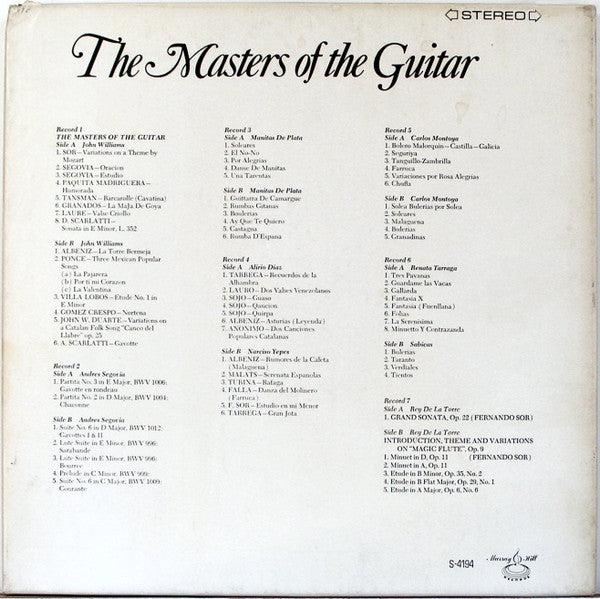 Andrés Segovia • Carlos Montoya • Laurindo Almeida • Manitas de Plata • Alirio Díaz • John Williams (7) • Narciso Yepes • Sabicas • Renata Tarragó : The Masters Of The Guitar (7xLP, Comp + Box)