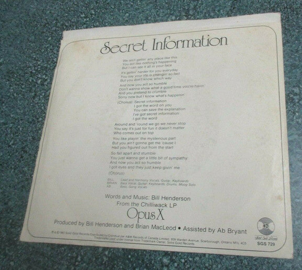 Chilliwack : Secret Information (7", Single)