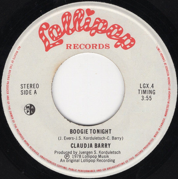 Claudja Barry : Boogie Tonight (7", Single)