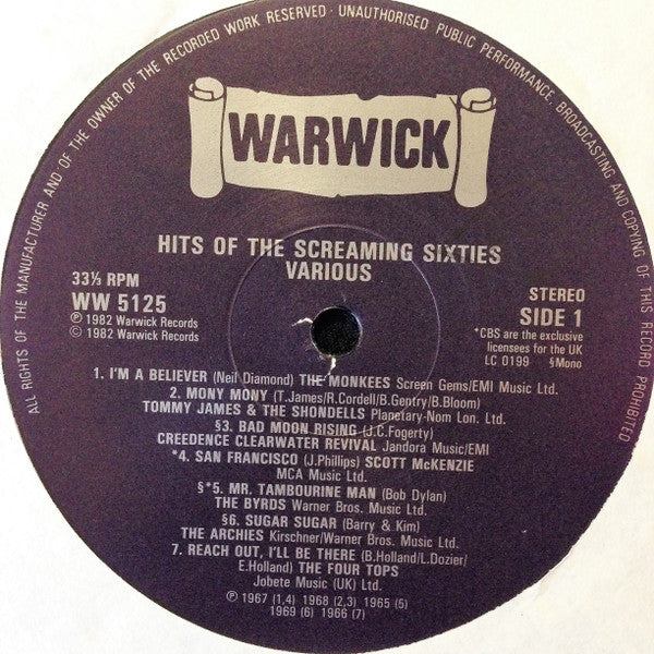 Various : Hits Of The Screaming Sixties - 14 Original No. One U.S. Hits (LP, Comp, Mono)