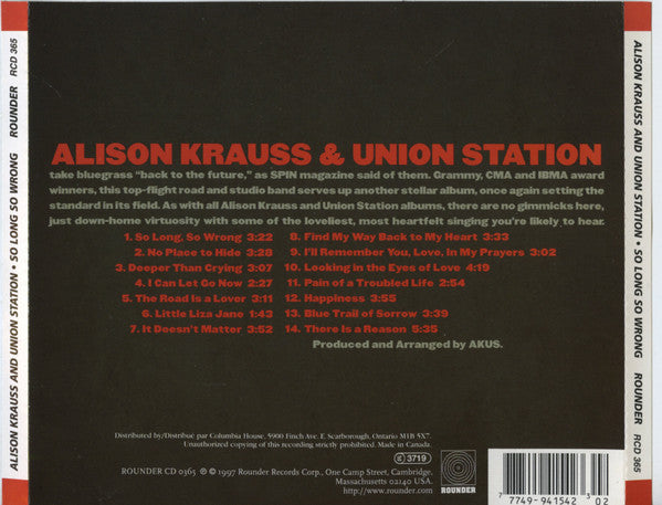 Alison Krauss & Union Station : So Long So Wrong (CD, Album, Club)