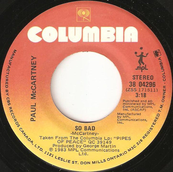 Paul McCartney : So Bad / Pipes Of Peace (7", Single)