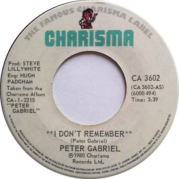 Peter Gabriel : I Don't Remember (7", Single)