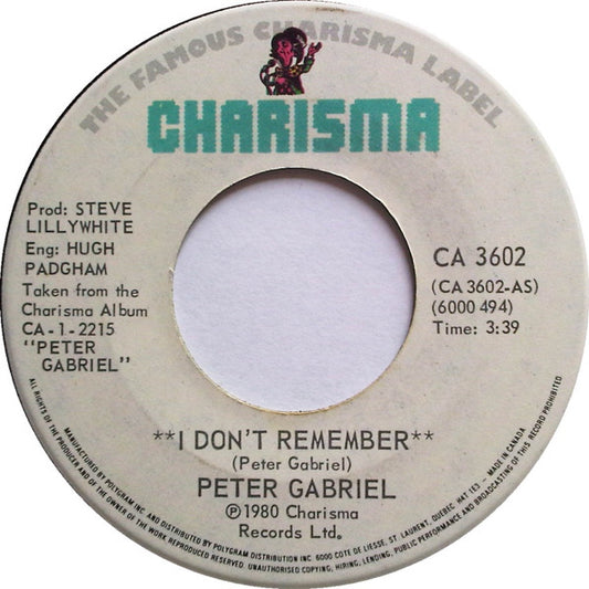 Peter Gabriel : I Don't Remember (7", Single)