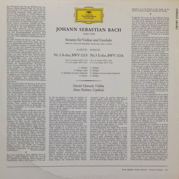 Johann Sebastian Bach, David Oistrach, Hans Pischner : Violinsonaten A-dur, BWV 1015 · E-dur, BWV 1016 (LP)