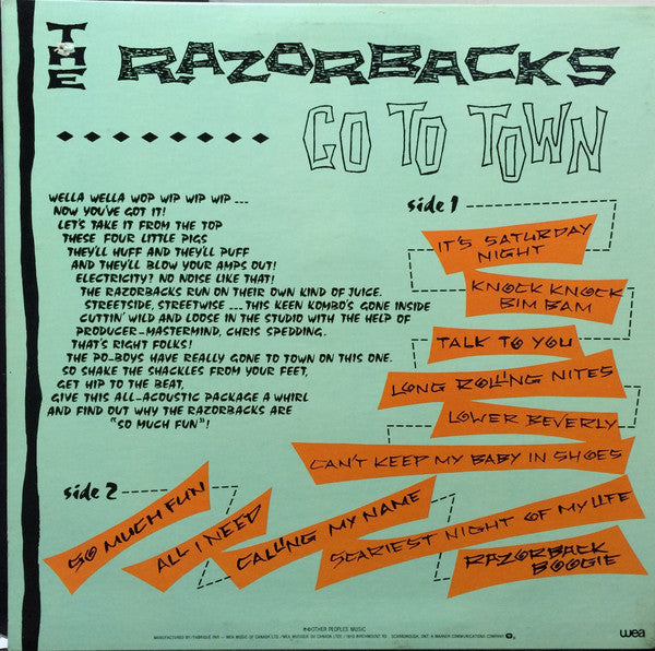 The Razorbacks (2) : Go To Town (LP, Album, RE)
