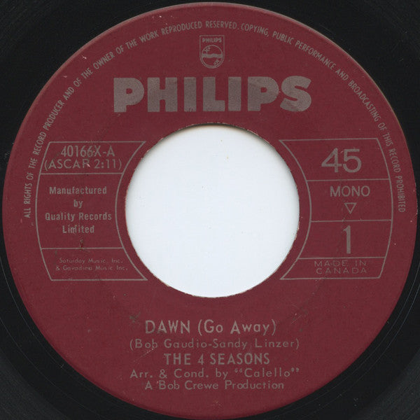 The Four Seasons : Dawn (Go Away) / No Surfin' Today (7", Single)
