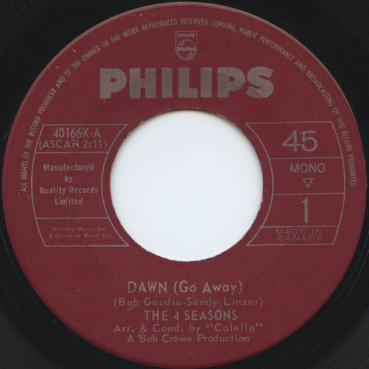 The Four Seasons : Dawn (Go Away) / No Surfin' Today (7", Single)