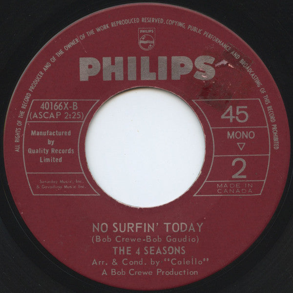 The Four Seasons : Dawn (Go Away) / No Surfin' Today (7", Single)