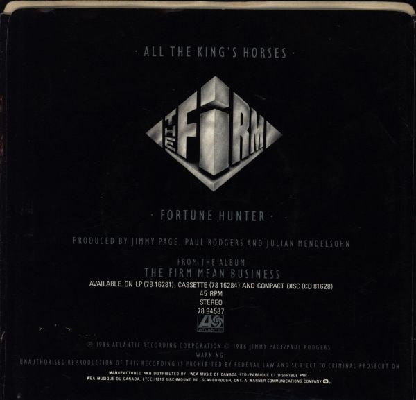 The Firm (7) : All The Kings Horses / Fortune Hunter (7", Single)