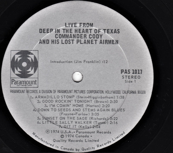Commander Cody And His Lost Planet Airmen : Live From Deep In The Heart Of Texas (LP, Album)