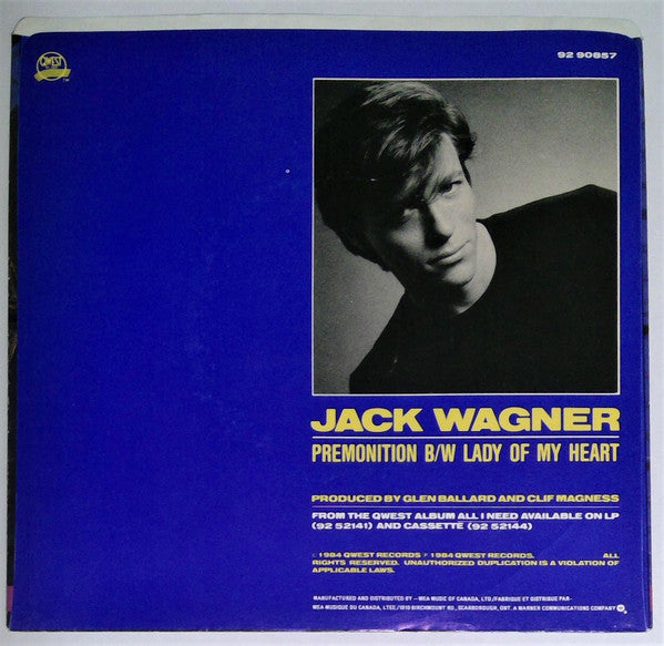 Jack Wagner : Premonition / Lady Of My Heart (7", Single)