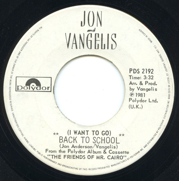 Jon And Vangelis* : (I Want To Go) Back To School (7", Single)
