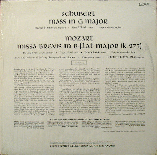 Franz Schubert, Wolfgang Amadeus Mozart : Mass In G Major/Missa Brevis In B Flat Major (LP, Album)