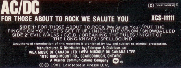 AC/DC : For Those About To Rock We Salute You (Cass, Album)