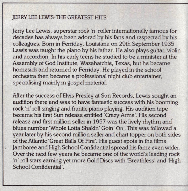 Jerry Lee Lewis : The Greatest Hits (CD, Comp)