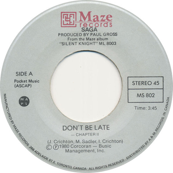 Saga (3) : Don't Be Late / Time To Go (7", Single)