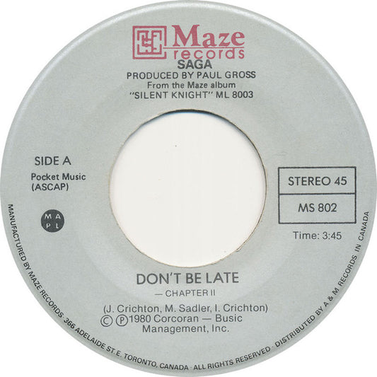 Saga (3) : Don't Be Late / Time To Go (7", Single)