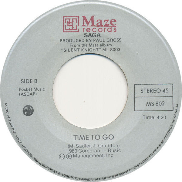 Saga (3) : Don't Be Late / Time To Go (7", Single)