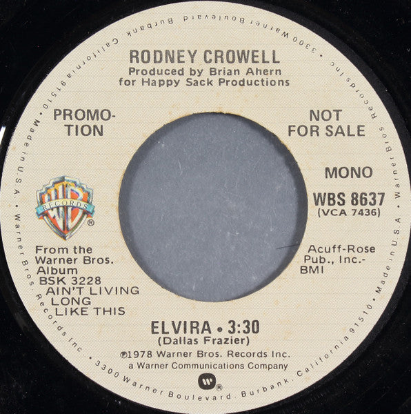 Rodney Crowell : Elvira (7", Mono, Promo)