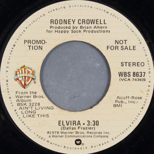 Rodney Crowell : Elvira (7", Mono, Promo)