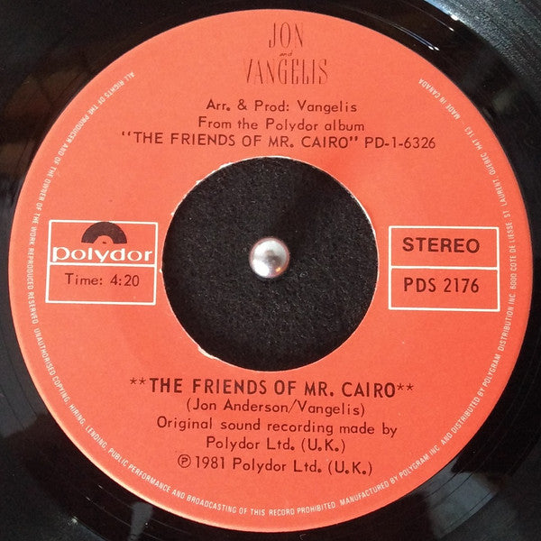Jon And Vangelis* : The Friends Of Mr. Cairo (7")