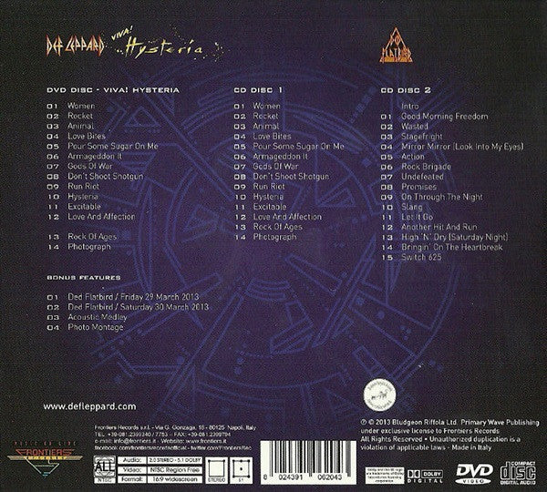 Def Leppard : Viva! Hysteria - Live At The Joint, Las Vegas (DVD-V, Multichannel, NTSC + 2xCD, Album + Dlx, Dig)