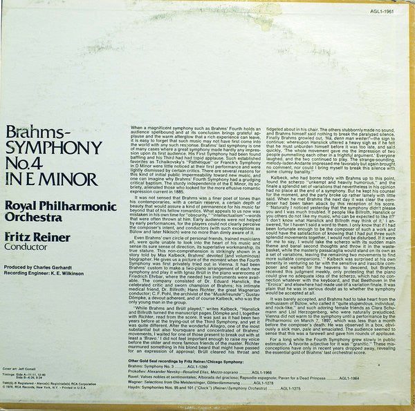Fritz Reiner Conducts Royal Philharmonic Orchestra :  Symphony No.4 In E Minor, Opus 98 (LP, RE)