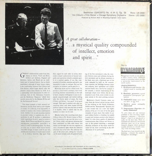 Van Cliburn / Fritz Reiner, Chicago Symphony Orchestra / Ludwig Van Beethoven : Concerto No. 4 (LP, Album)