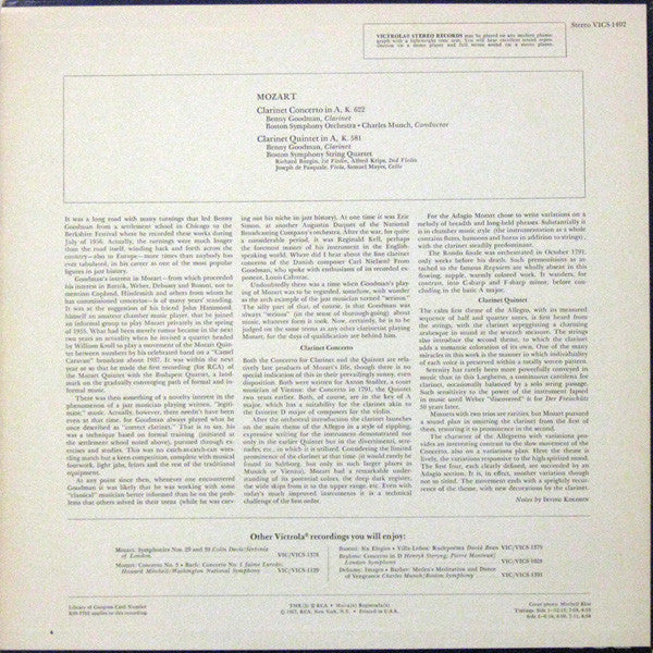 Wolfgang Amadeus Mozart, Benny Goodman, Charles Munch, Boston Symphony Orchestra, Boston Symphony String Quartet : Clarinet Concerto, K. 622 / Clarinet Quintet, K. 581 (LP, RE, Ind)