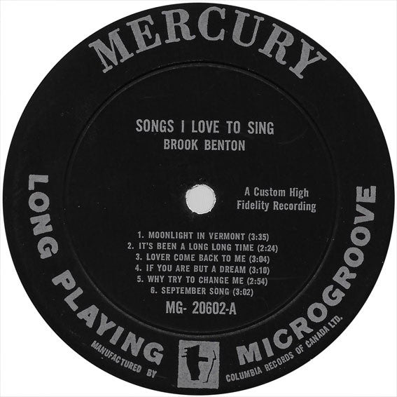 Brook Benton : Songs I Love To Sing (LP, Album, Mono)