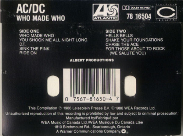 AC/DC : Who Made Who (Cass, Album, Comp, Dol)