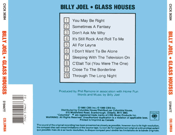 Billy Joel : Glass Houses (CD, Album, Club, RE)