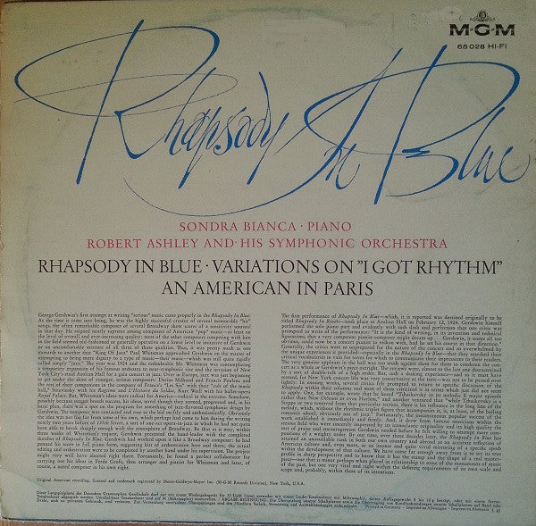 Sondra Bianca, Robert Ashley And His Symphonic Orchestra : Rhapsody In Blue (LP, Mono)