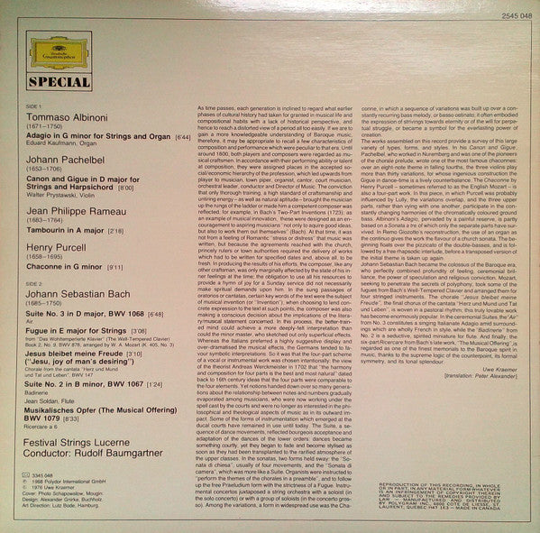 Tomaso Albinoni, Johann Pachelbel, Johann Sebastian Bach : Masterpieces Of The European Baroque Including: Albinoni - Adagio / Pachelbel - Canon & Gigue / J.S. Bach - Air On A G String (LP, RE)