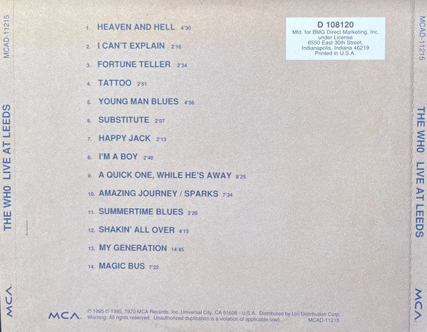 The Who : Live At Leeds (CD, Album, Club, RE, RM, BMG)