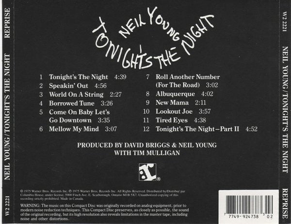 Neil Young : Tonight's The Night (CD, Album, Club, RE)