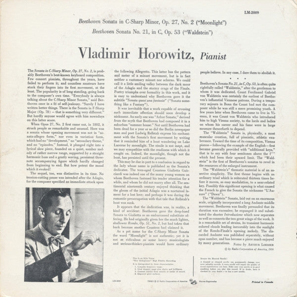 Horowitz*, Beethoven* : Moonlight And Waldstein Sonatas (LP, Album, Mono)