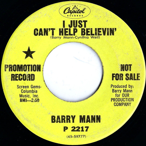 Barry Mann : I Just Can't Help Believin' (7", Single, Promo)