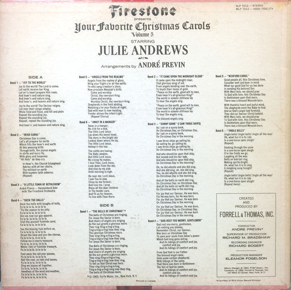 Julie Andrews With André Previn And The Firestone Orchestra And Chorus : Your Favorite Christmas Carols, Volume 5 (LP, Album)